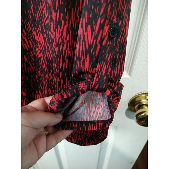 $ AB Studio Red Black Round Neck 3/4 Tab Sleeves Blouse Size XL - Picture 9 of 10